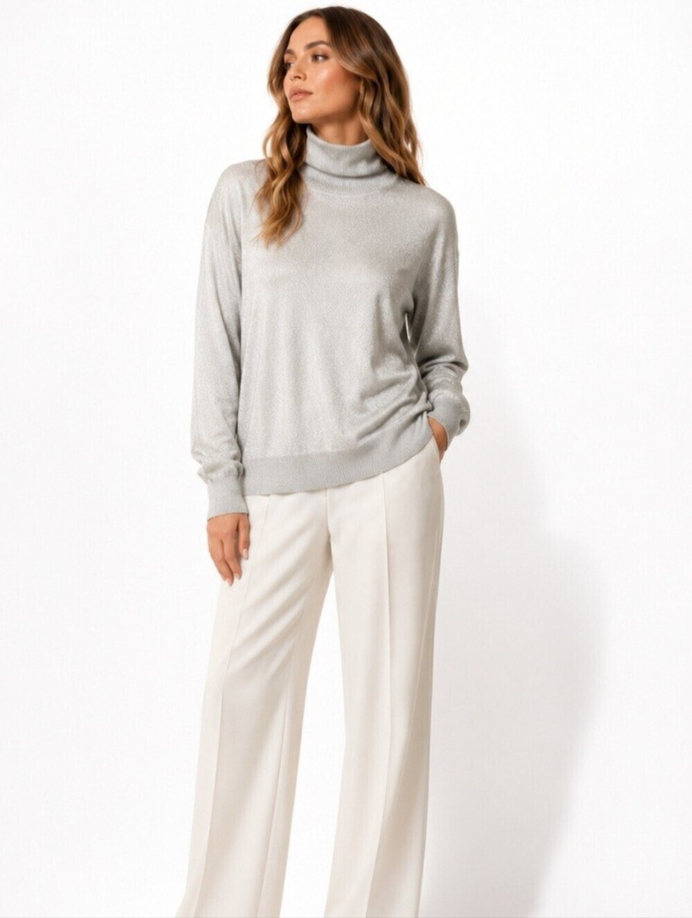 Composition NY Silk Blend Metallic Shimmer Turtleneck Sweater L Taupe Beige